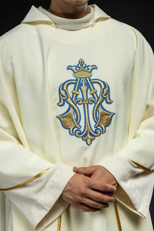 Ecru Chasuble with Marian embroidery and wide collar — back view