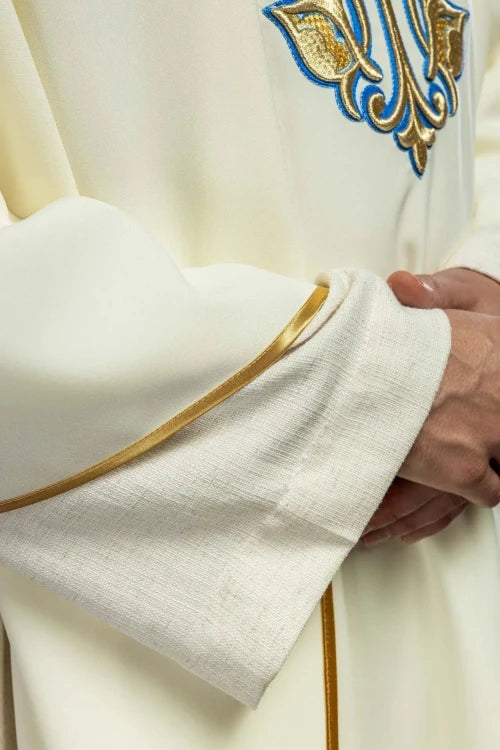 Ecru Chasuble with Marian embroidery and wide collar — side view