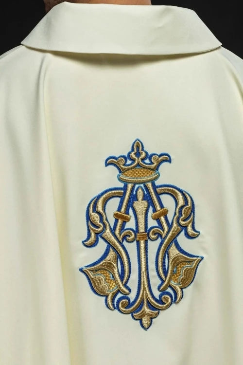 Ecru Chasuble with Marian embroidery and wide collar — collar detail