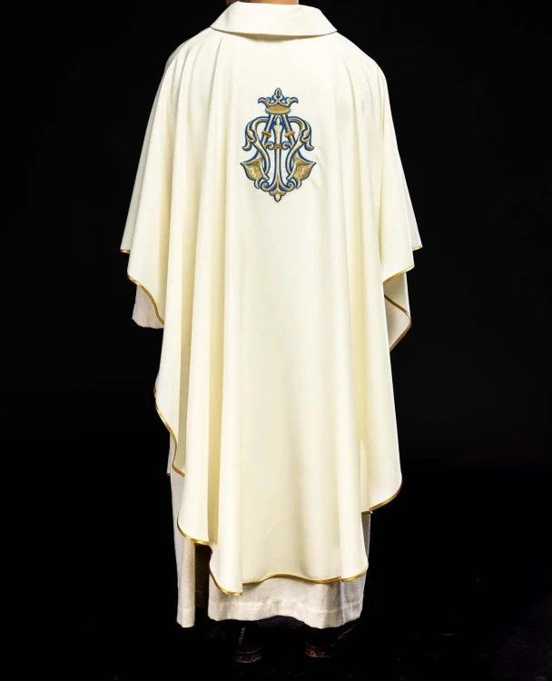 Ecru Chasuble with Marian embroidery and wide collar — fabric detail