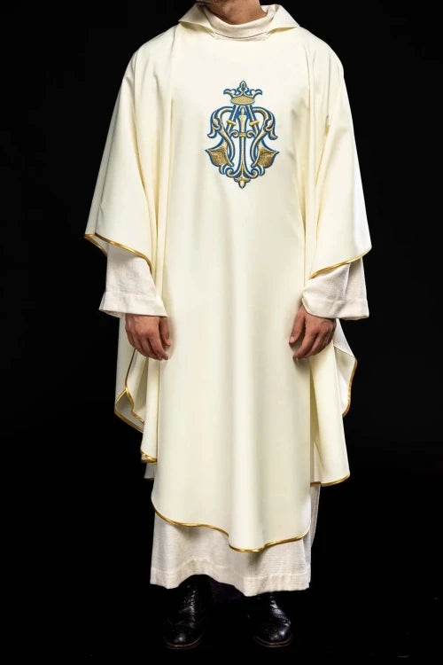 Ecru Chasuble with Marian embroidery and wide collar — vestment detail