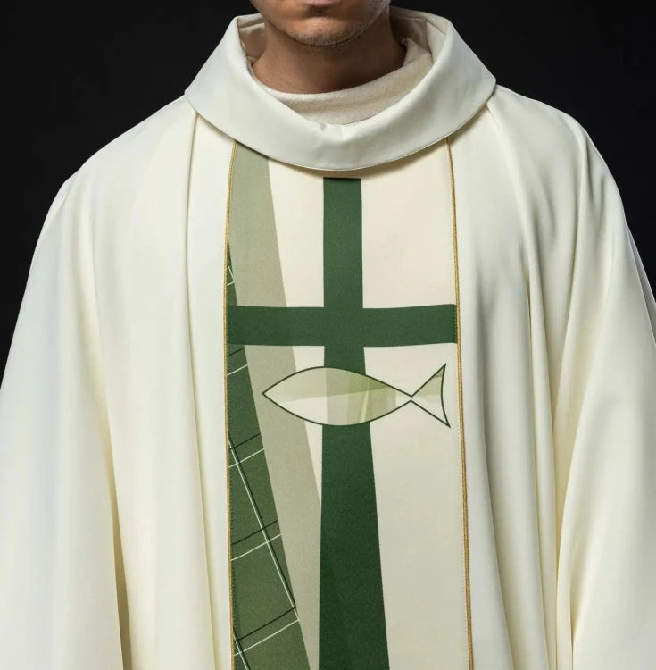 Ecru Chasuble with fish and cross embroidery — front view