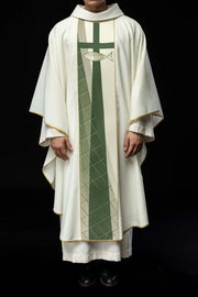 Ecru Chasuble with fish and cross embroidery — full view