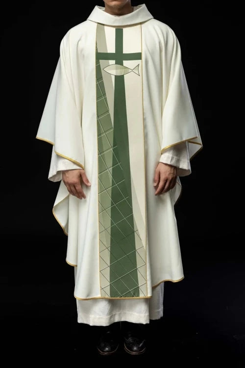 Ecru Chasuble with fish and cross embroidery — full view