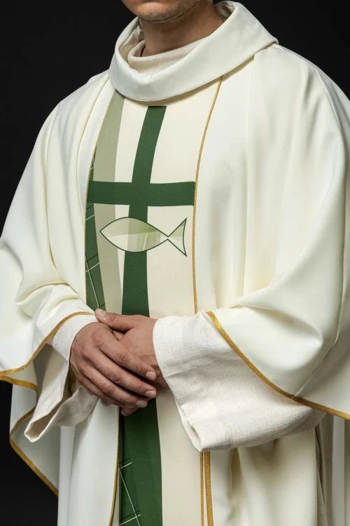 Ecru Chasuble with fish and cross embroidery — decoration detail