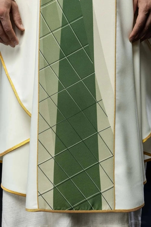 Ecru Chasuble with fish and cross embroidery — back view