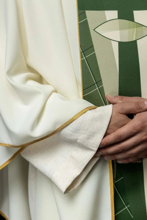 Ecru Chasuble with fish and cross embroidery — close-up detail