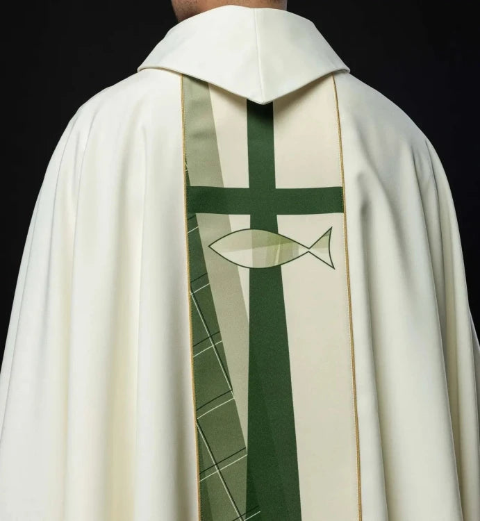 Ecru Chasuble with fish and cross embroidery — side view