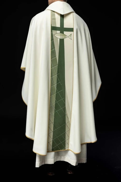 Ecru Chasuble with fish and cross embroidery — collar detail