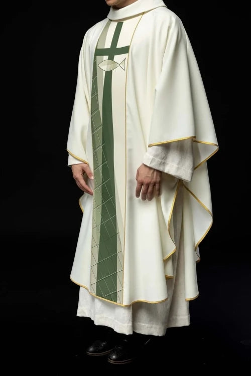 Ecru Chasuble with fish and cross embroidery — fabric detail
