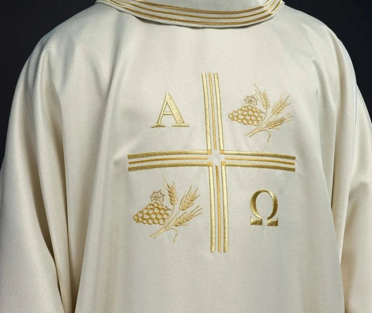 Ecru Chasuble with Alpha, Omega, wheat and cross embroidery — front view