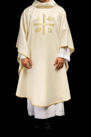 Ecru Chasuble with Alpha, Omega, wheat and cross embroidery — full view