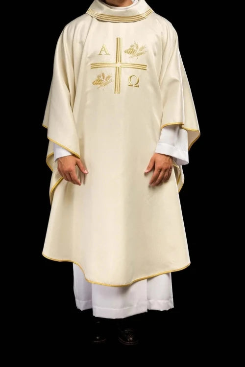 Ecru Chasuble with Alpha, Omega, wheat and cross embroidery — full view