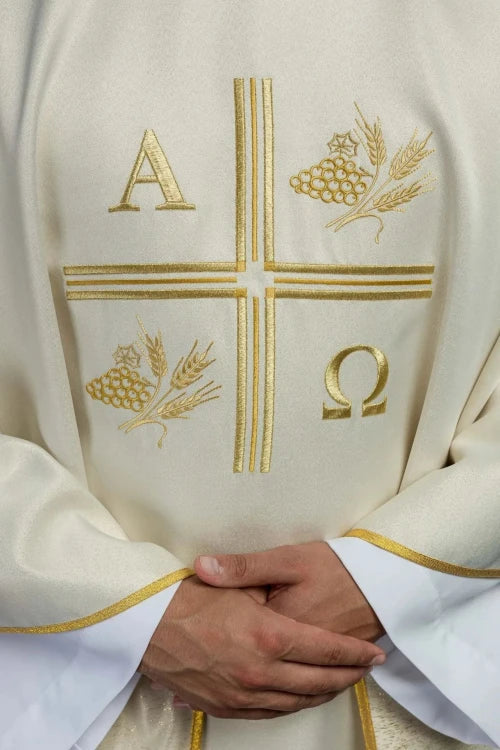 Ecru Chasuble with Alpha, Omega, wheat and cross embroidery — decoration detail