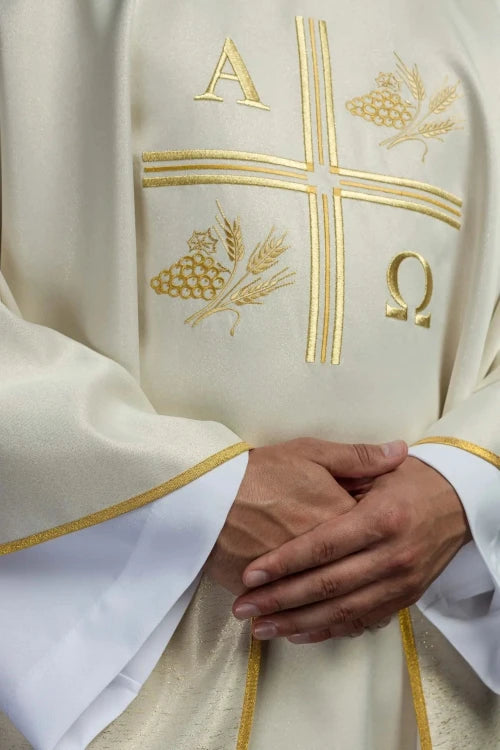 Ecru Chasuble with Alpha, Omega, wheat and cross embroidery — back view