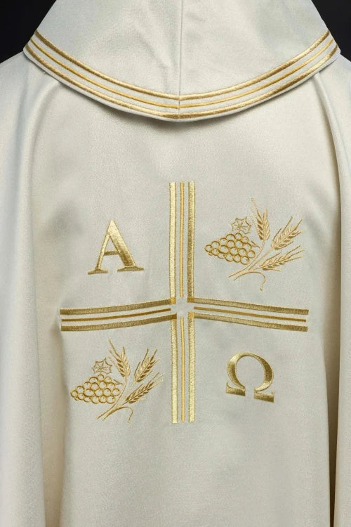 Ecru Chasuble with Alpha, Omega, wheat and cross embroidery — close-up detail