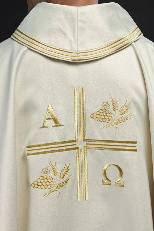 Ecru Chasuble with Alpha, Omega, wheat and cross embroidery — side view
