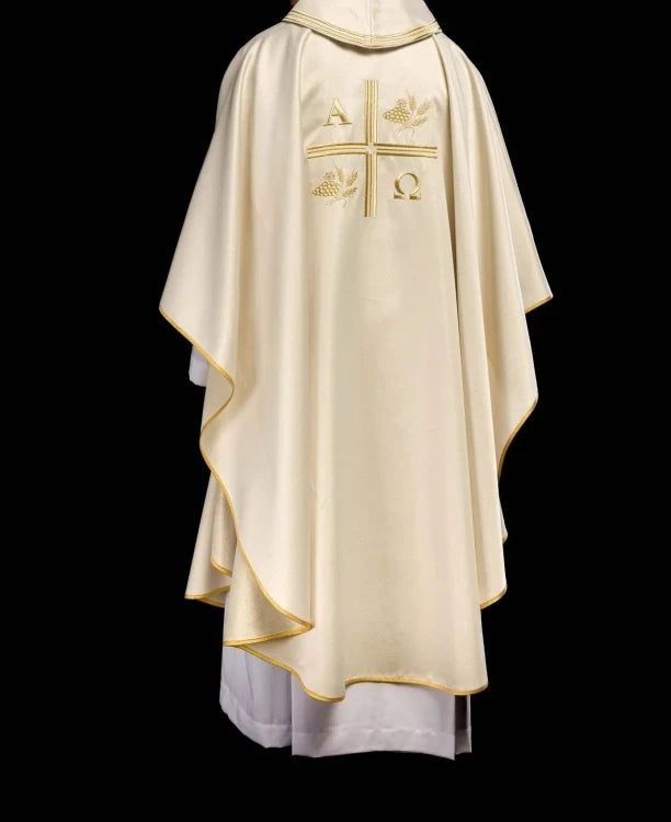 Ecru Chasuble with Alpha, Omega, wheat and cross embroidery — collar detail