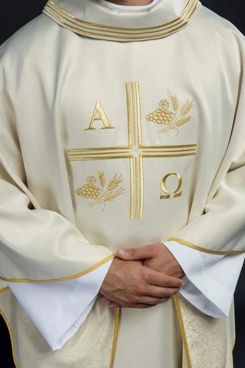 Ecru Chasuble with Alpha, Omega, wheat and cross embroidery — vestment detail