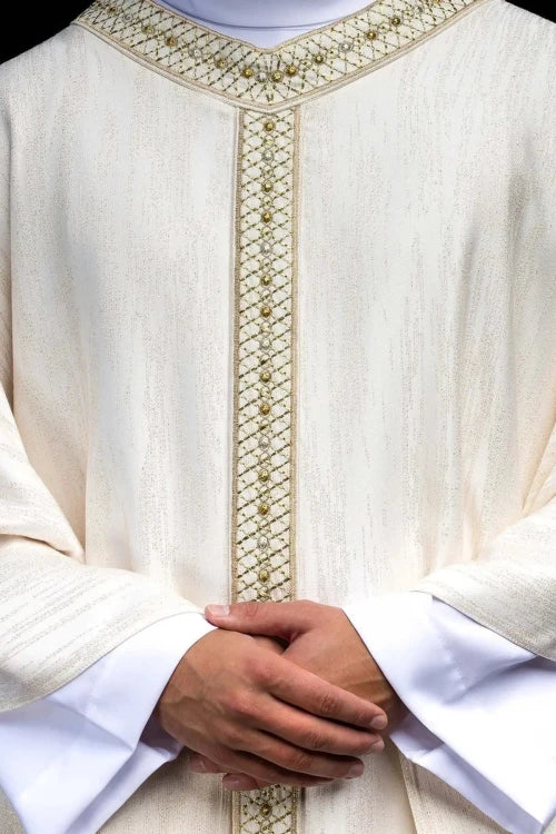 Ecru Chasuble with embroidered band and collar — front view