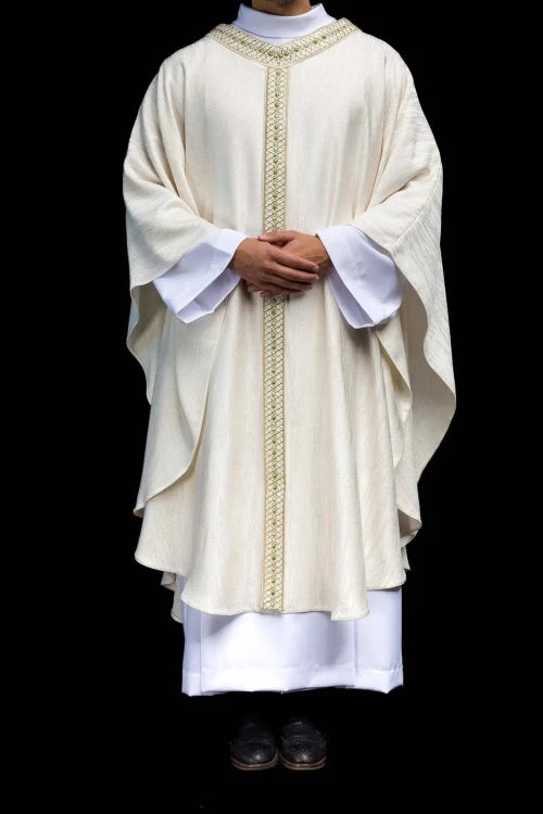 Ecru Chasuble with embroidered band and collar — full view