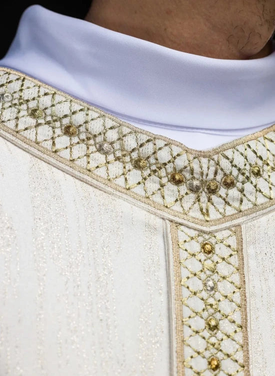 Ecru Chasuble with embroidered band and collar — side view