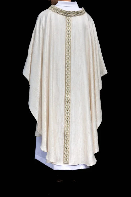 Ecru Chasuble with embroidered band and collar — vestment detail