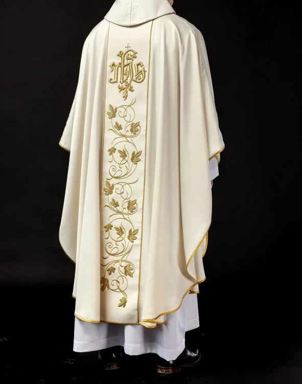 Ecru Chasuble with embroidered band with IHS and floral motif — side view