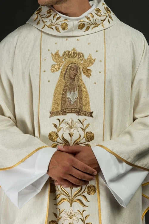 Ecru Chasuble with image of Our Lady of Licheń — front view