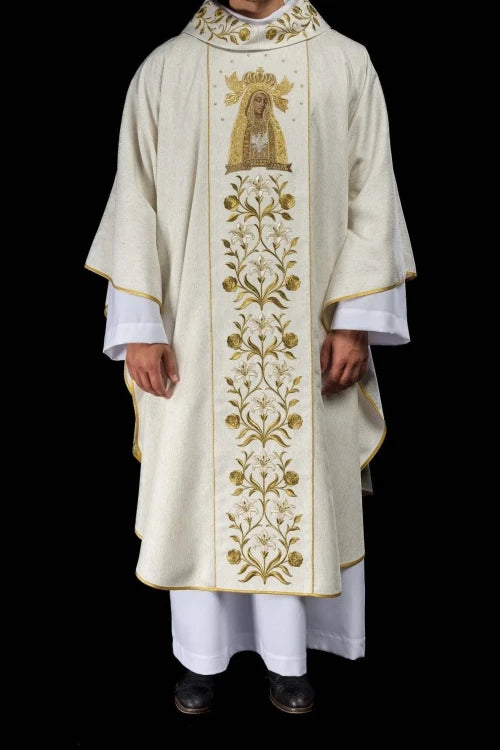 Ecru Chasuble with image of Our Lady of Licheń — full view