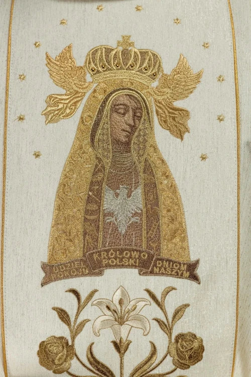 Ecru Chasuble with image of Our Lady of Licheń — back view