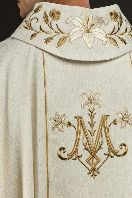Ecru Chasuble with image of Our Lady of Licheń — fabric detail