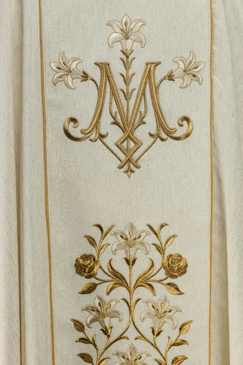 Ecru Chasuble with image of Our Lady of Licheń — vestment detail