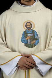 Ecru Chasuble with image of Saint Joseph — front view