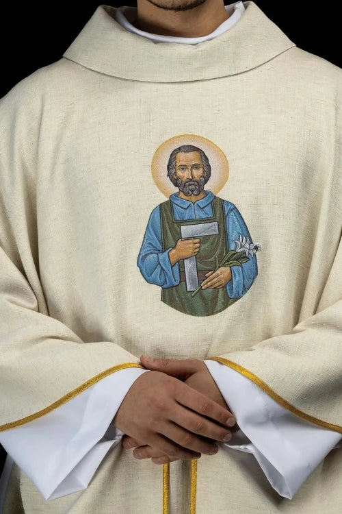 Ecru Chasuble with image of Saint Joseph — front view