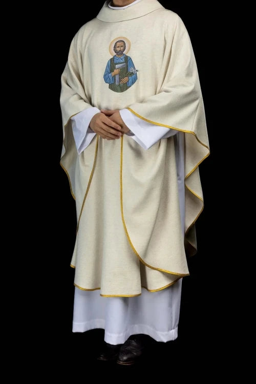 Ecru Chasuble with image of Saint Joseph — full view