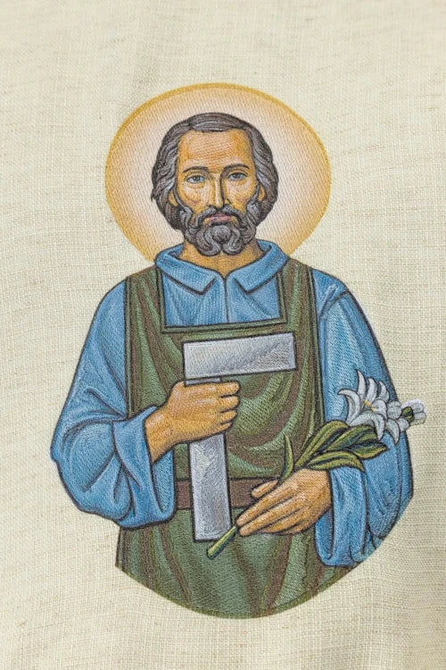 Ecru Chasuble with image of Saint Joseph — decoration detail