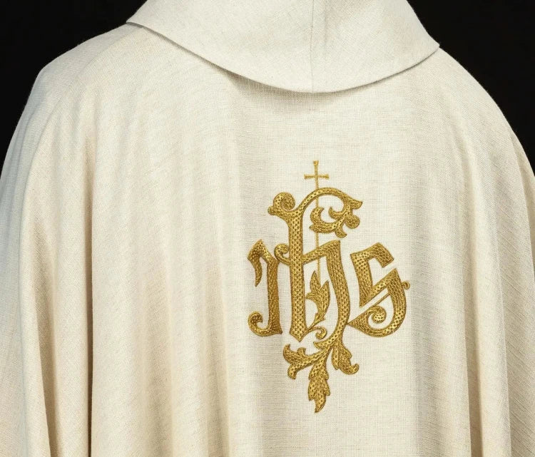 Ecru Chasuble with image of Saint Joseph — close-up detail