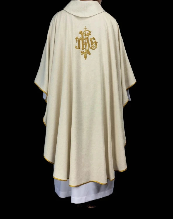 Ecru Chasuble with image of Saint Joseph — collar detail