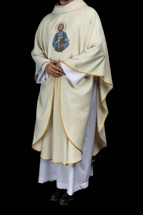 Ecru Chasuble with image of Saint Joseph — fabric detail