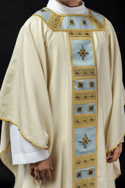 Ecru Chasuble with hand-applied Marian decoration with natural stones — front view