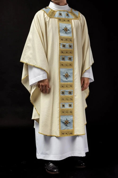 Ecru Chasuble with hand-applied Marian decoration with natural stones — full view