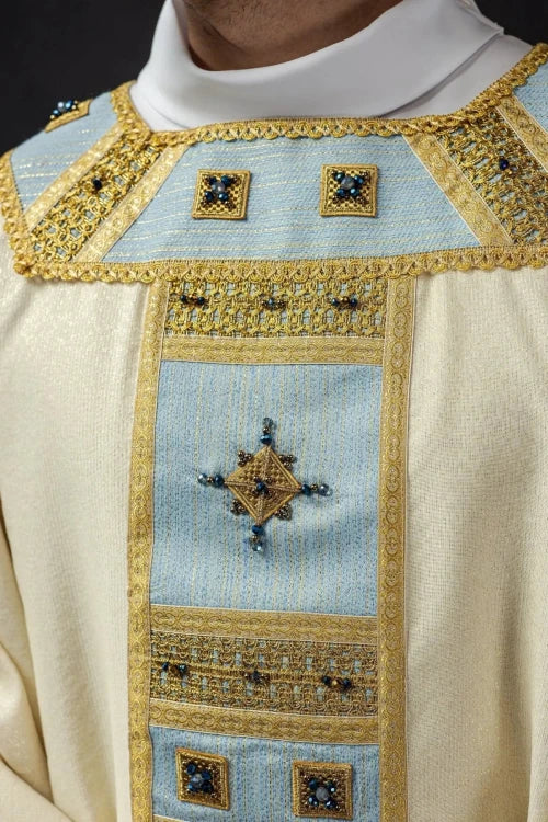 Ecru Chasuble with hand-applied Marian decoration with natural stones — back view