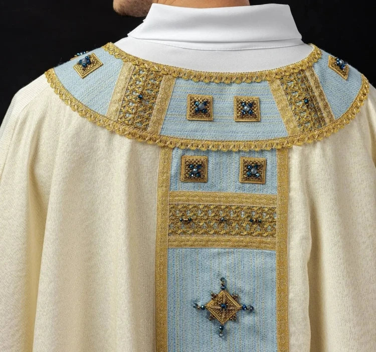 Ecru Chasuble with hand-applied Marian decoration with natural stones — close-up detail