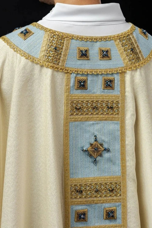 Ecru Chasuble with hand-applied Marian decoration with natural stones — side view
