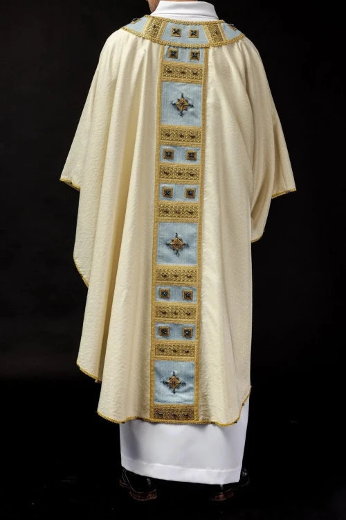 Ecru Chasuble with hand-applied Marian decoration with natural stones — collar detail