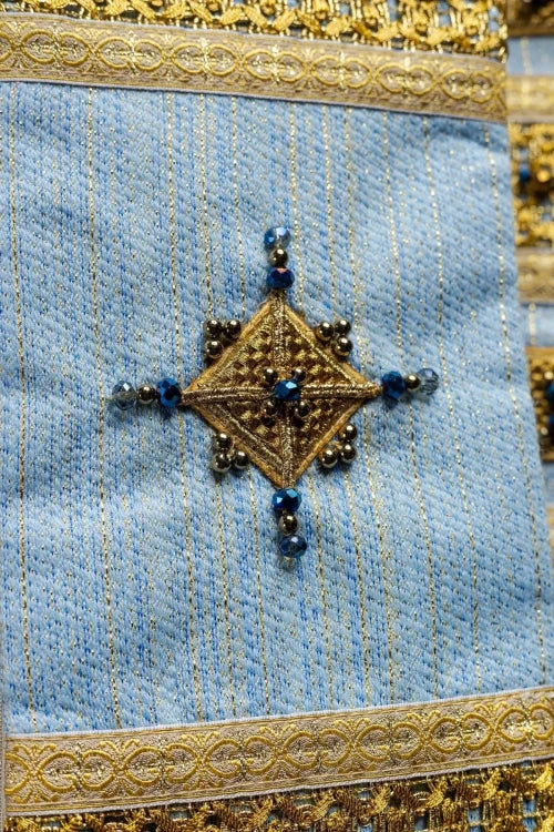 Ecru Chasuble with hand-applied Marian decoration with natural stones — vestment detail