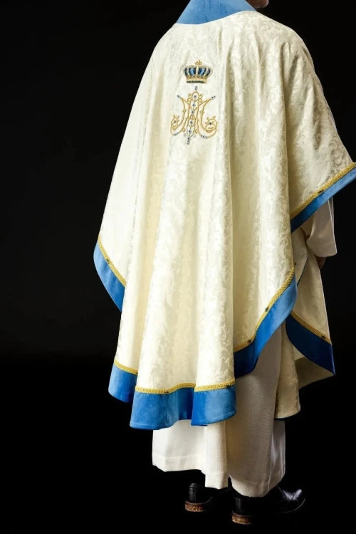 Ecru Chasuble with hand-applied Marian decoration with natural stones – Variant II — vestment detail