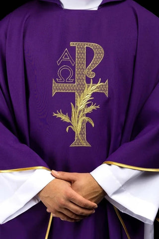 Purple Chasuble with Alpha and Omega embroidery and wide collar - gallery view 1