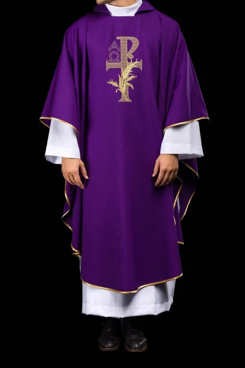 Purple Chasuble with Alpha and Omega embroidery and wide collar - gallery view 2